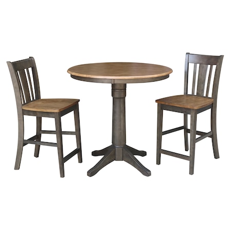 International Concepts Round 36 in Rd Ped Gathering Ht Table, 2 San Remo Stools, Hickory/Coal, 36 in W, 36 in L, 35.1 in H K45-36RT-27B-S102-2